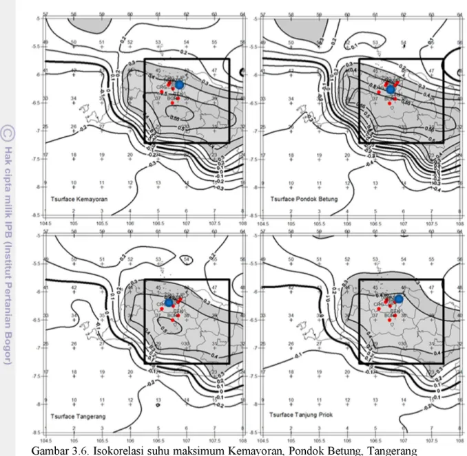 Gambar 3.6. Isokorelasi suhu maksimum Kemayoran, Pondok Betung, Tangerang  dan Tanjung Priok dengan suhu permukaan NWP GFS jam 06 UTC Analisis PLSR 