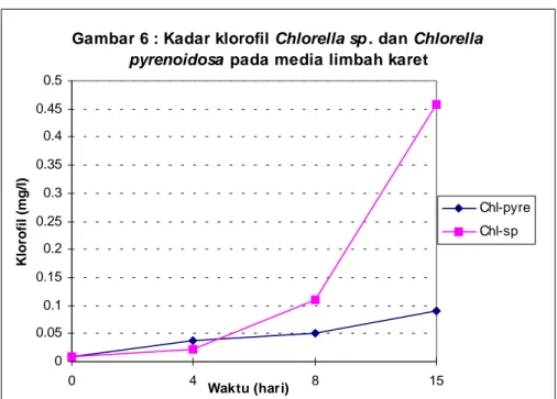 Gambar 5 menunjukkan kandungan biomassa Chlorella. Kadar biomassa Chlorella sp. lebih tinggi  dibandingkan dengan Chlorella pyrenoidosa