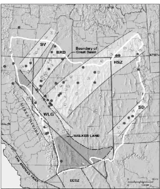 Gambar 2.2 Cluster lapangan panas bumi yang terdapat di Great Basin (Faulds, dkk, 2005)