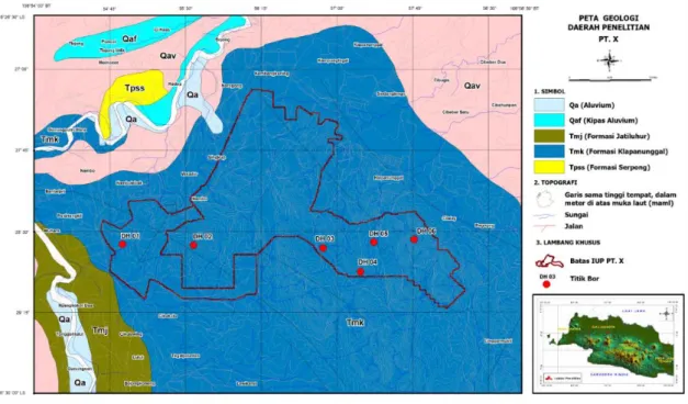Gambar 3. Geologi daerah penelitian (modifikasi dari Effendi, Kusnama dan Hermanto (1998) dan Turkandi  (1992)) 