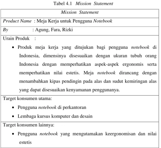 Tabel 4.1  Mission  Statement  Mission  Statement  Product Name  : Meja Kerja untuk Pengguna Notebook  By  : Agung, Fara, Rizki 