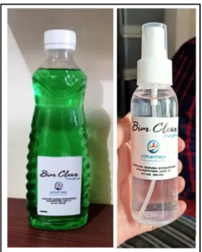 Gambar  1.  Sabun  cair  dan  hand  sanitizer  merk  Bim  Clean  buatan  Karang  Taruna Bimantara Dan PKK Kalikepiting Jaya 6, Surabaya