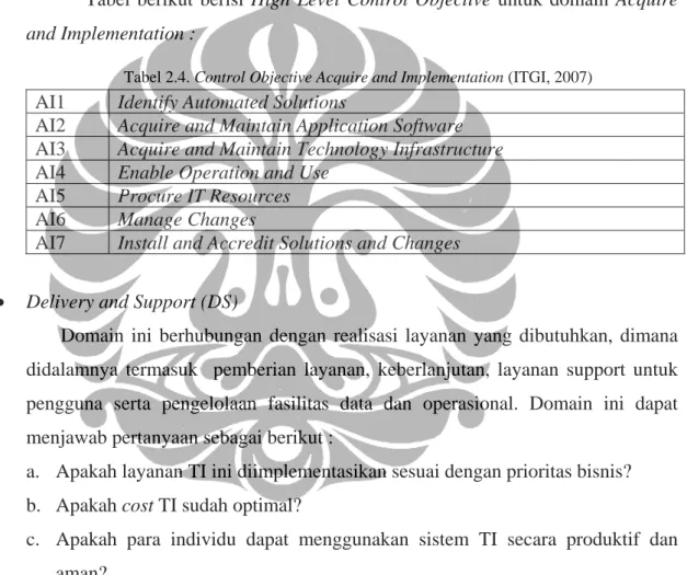 Tabel berikut berisi High Level Control Objective untuk domain Acquire  and Implementation : 