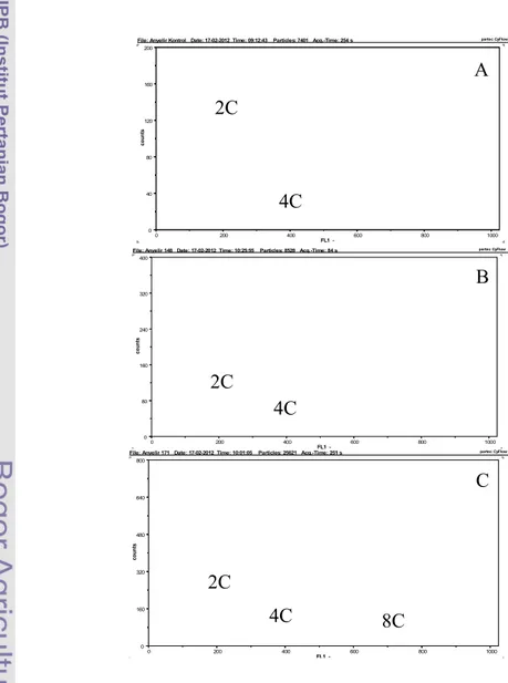 Gambar 14. Histogram DNA hasil analisis flow cytometer: (A) Tanaman kontrol diploid D-chi11/Dchi-11; (B) Regeneran hasil kultur antera  Dchi-13-148-3 dan (C) Regeneran hasil kultur antera Dchi-11-171-4.