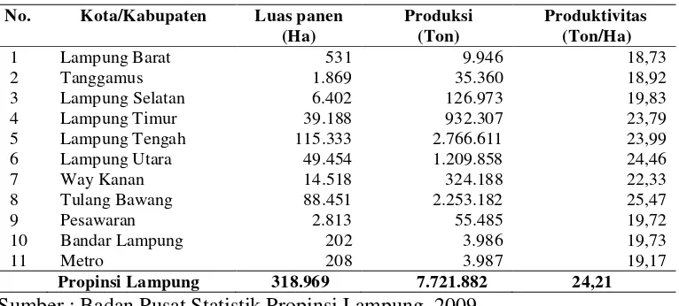 Tabel 4.  Luas panen, produksi, dan produktivitas tanaman ubi kayu Propinsi                 Lampung menurut Kabupaten/Kota tahun 2008 