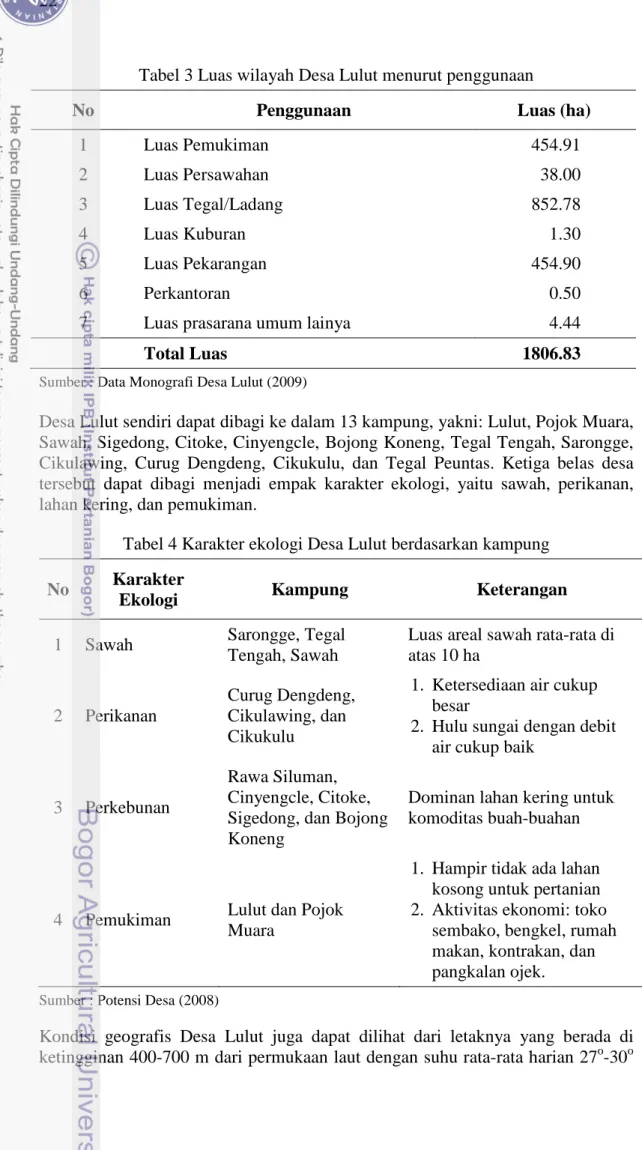 Tabel 3 Luas wilayah Desa Lulut menurut penggunaan 