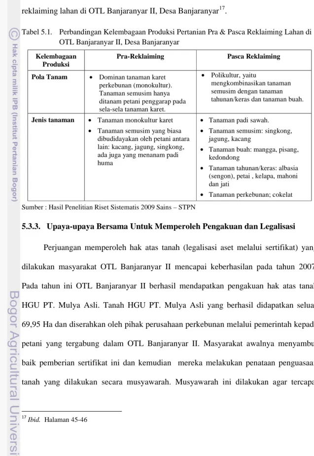 Tabel 5.1.   Perbandingan Kelembagaan Produksi Pertanian Pra &amp; Pasca Reklaiming Lahan di  OTL Banjaranyar II, Desa Banjaranyar 