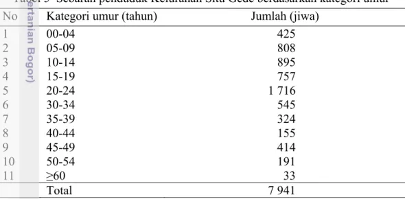 Tabel 5  Sebaran penduduk Kelurahan Situ Gede berdasarkan kategori umur  No  Kategori umur (tahun)  Jumlah (jiwa) 