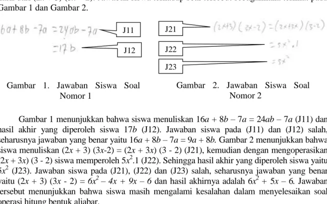 Gambar 1 menunjukkan bahwa siswa menuliskan 16a + 8b – 7a = 24ab – 7a (J11) dan  hasil  akhir  yang  diperoleh  siswa  17b  (J12)