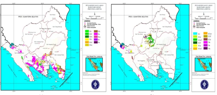 Gambar 2. Peta kelas kesesuaian lahan untuk tanaman basis padi sawah (a) dan padi ladang (b) di Provinsi Lampung 