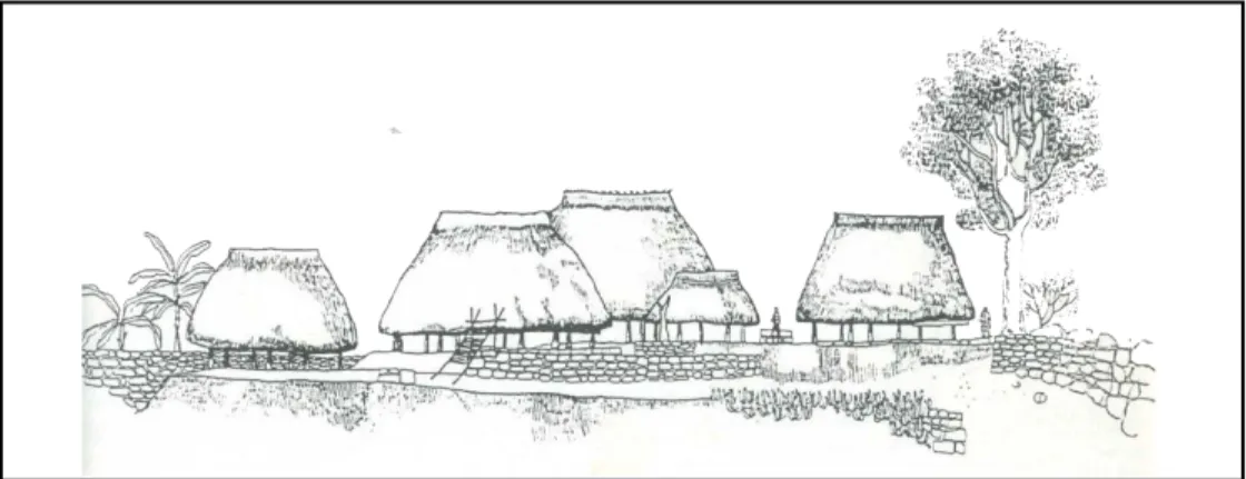 Gambar 3.2 Sketsa tampak permukiman Maubisse  Sumber : Arquitectura Timorense, Ruy Cinatti, 1987, h.85  3