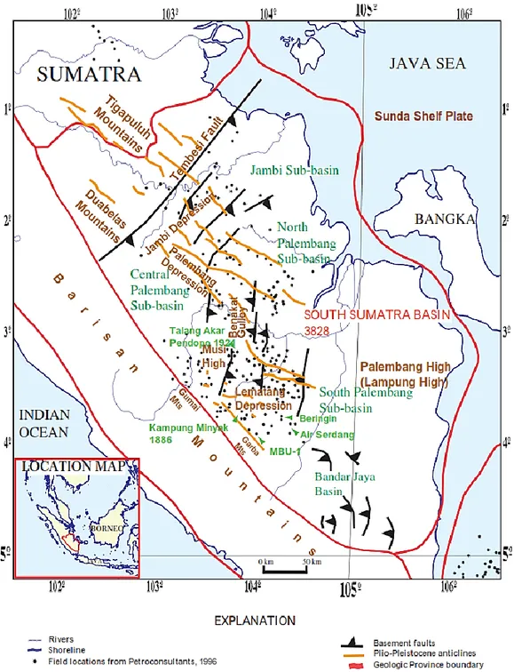 Gambar 2.1 Peta cekungan Sumatera Selatan dengan kenampakan struktur utama  (Hutchison, 1996; Williams, 1995; Moulds, 1989; Bemmelen, 1949)