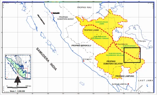 Gambar 2.2 Peta sub cekungan Sumatera Selatan. Lokasi Penelitian ditandai kotak hitam  (Panggabean &amp; Santy, 2012)