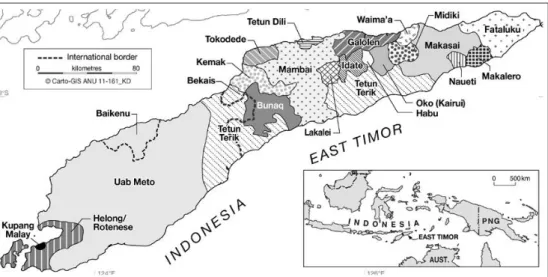 Gambar 1.2: Peta etno-linguistik Timor (Sumber: McWilliam &amp; Traube, 2011) 