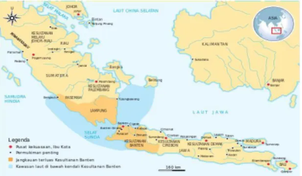 Gambar 1. Invansi ke Sumatera Selatan, Bengkulu,  dan Lampung sebagai ekspansi Kerajaan Banten  dalam menguasai jalur perdagangan di Selat Sunda 
