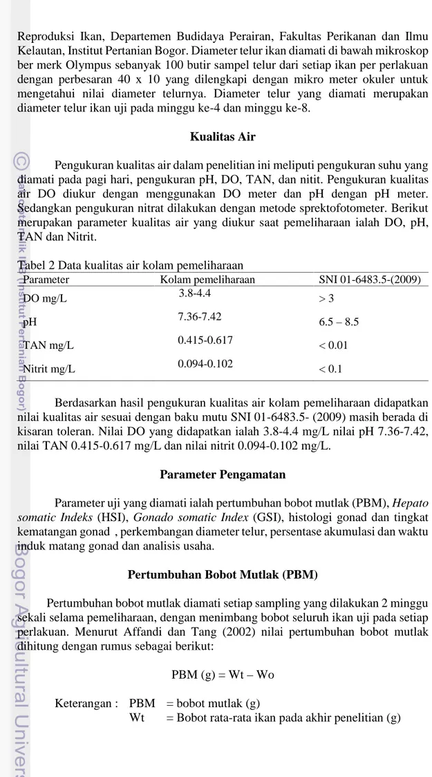 Tabel 2 Data kualitas air kolam pemeliharaan