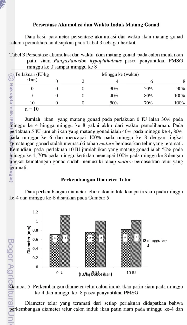 Tabel 3 Persentase akumulasi dan waktu ikan matang gonad pada calon induk ikan patin  siam Pangasianodon hypophthalmus pasca  penyuntikan  PMSG minggu ke 0 sampai minggu ke 8
