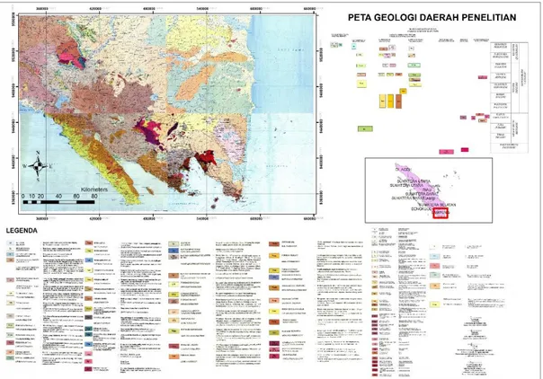Gambar 2.2 Peta Geologi Regional Daerah Penelitian (Penggabungan Peta Geologi  Lembar Baturaja, Lembar Kotaagung Lembar Menggala, dan Lembar Tanjung Karang, 