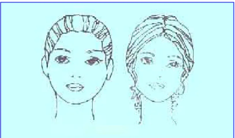 Gambar 2.2.    Penataan Rambut Pada Bentuk Muka  Bulat (Winarno: 100) 