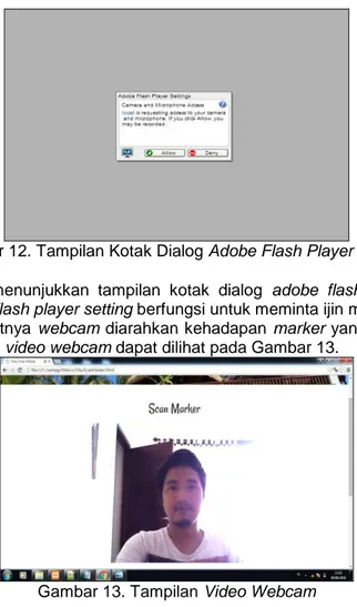 Gambar  12  menunjukkan  tampilan  kotak  dialog  adobe  flash  player  setting.  Kotak  dialog adobe flash player setting berfungsi untuk meminta ijin mengaktifkan webcam