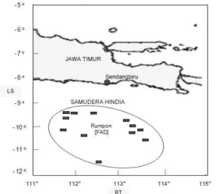 Figure 2. Geographic position of FADs as a fishing ground of the fishers from Sendangbiru.