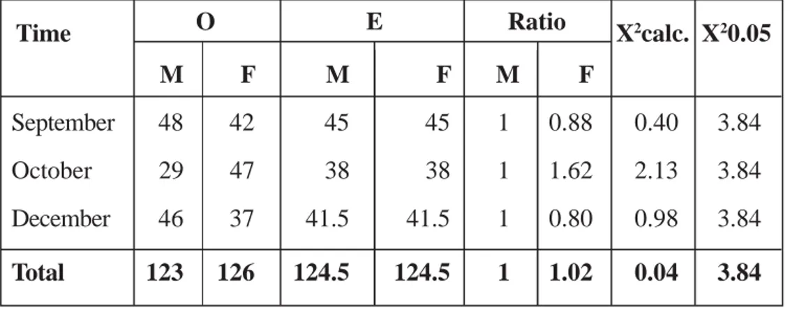 Table 2.  Chi-square test of sex ratio for skipjack caught in around  South of Seram  and Nusalaut  waters, September, Oktober and December 1998.