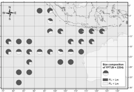 Gambar 3. Sebaran spasial panjang cagak ikan madidihang dibandingkan dengan panjang pertama kali matang gonad di Samudera Hindia bagian timur