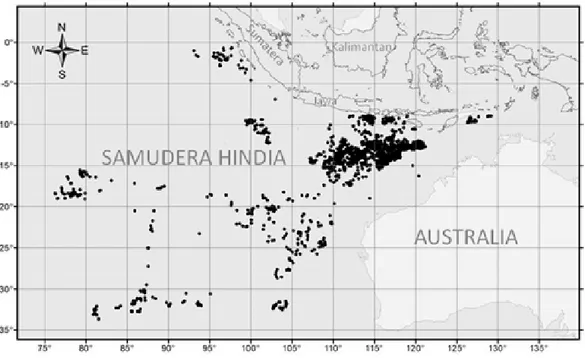Gambar 1. Peta daerah penelitian periode 2005-2013 di Samudera Hindia bagian timur Figure 1