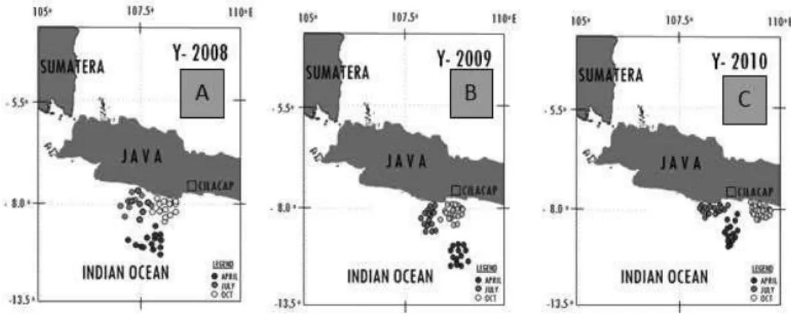 Gambar 1. Posisi daerah penangkapan jaring insang hanyut yang berbasis di PPS Cilacap berdasarkan hasil kegiatan onboard observer program bulan April, Juli dan Oktober 2008 (A), 2009 (B) dan 2010 (C) (sumber: Widodo et al., 2011).