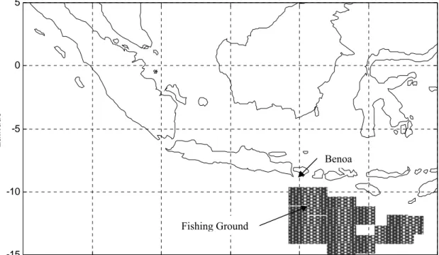 Gambar 7.  Daerah penangkapan ikan tuna mata besar (T. obesus) di Samudera                        Hindia dengan fishing base di Benoa, Bali  