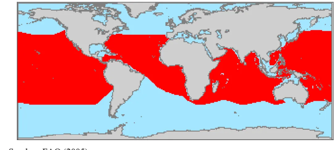 Gambar 3.  Peta penyebaran ikan tuna mata besar di dunia. 