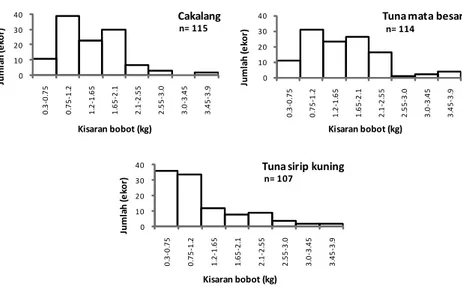 Gambar 3. Sebaran bobot ikan tuna yang tertangkap di perairan Prigi Figure 3. Weight distribution of tuna species caught in Prigi Waters