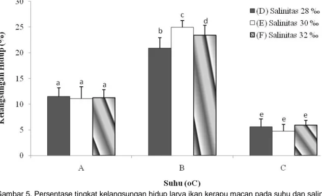 Gambar 5. Persentase tingkat kelangsungan hidup larva ikan kerapu macan pada suhu dan salinitas  berbeda