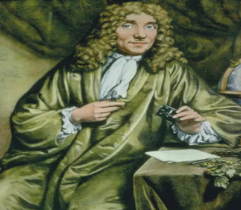 Gambar 2.1 Antony van Leeuwenhoek dan Mikroskop Sederhananya (Sumber: Black, 2012)