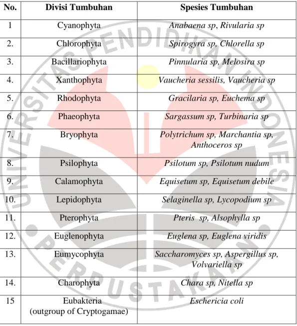 Tabel 3. 1  Daftar Spesimen Tumbuhan Cryptogamae yang Diobservasi  Menurut  Sistem Vashista (1980) 
