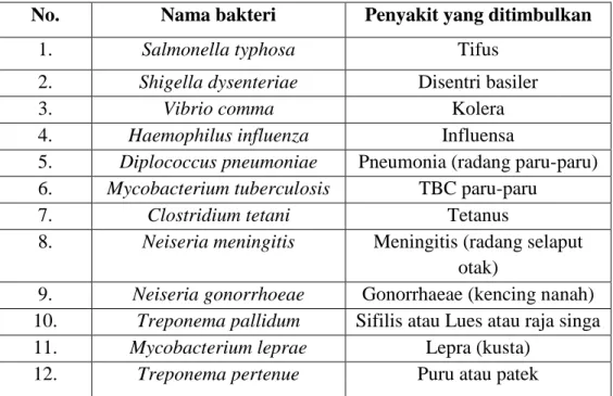 Tabel 2.2 Penyakit yang akibatkan oleh bakteri (Pelczar, 2008) 