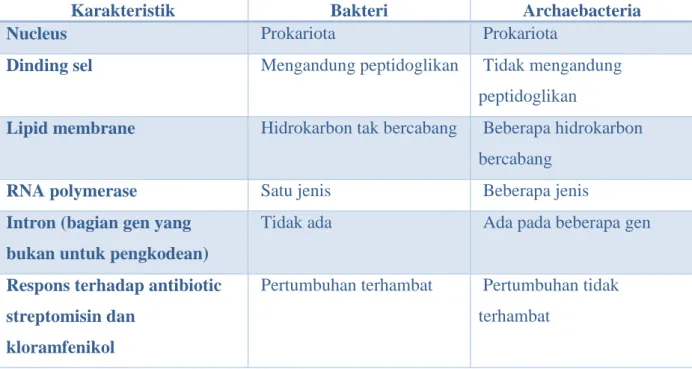 Tabel 1.1 Perbandingan antara Bakteri (Eubacteria) dan Archaebacteria 