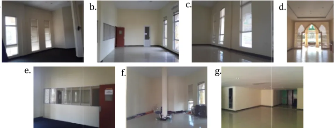 Gambar 1. (a) Ruang Qari; (b) Ruang Ketua Majelis; (c) Ruang Rapat; (d)Koridor;