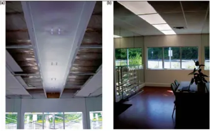 Gambar  II.35  Pemasangan  armatur  cahaya  pada  plafond  (a),  Kondisi  ruang  dengan armatur cahaya sebagai outlet (b) 