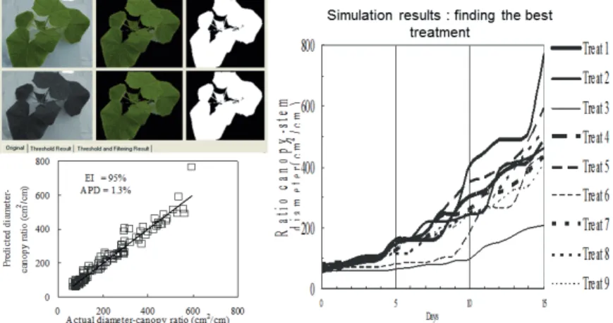 Gambar 8  Contoh simulasi untuk proses optimasi pemberian  nutrisi  optimal  berbasis  pada  nilai  rasio  luas  tutupan  (kanopi)  daun  dengan  diameter  batang  sebagai indikator kebugaran pertumbuhan tanaman  (Seminar et al
