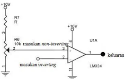 Gambar 2.1. Rangkaian Komparator  Dengan  menggunakan  komparator  LM324  maka  tegangan  yang  dihasilkan  oleh  sensr  garis  akan  dibandingkan 