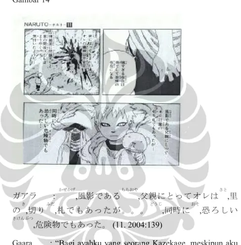 Gambar 14  ガアラ  ： かぜかげ ,風影である ちちおや ,父親にとってオレは さと ,里 の き ,切 り ふだ ,札 で も あ っ た が 。 。 。 どうじ ,同時 に おそ ,恐 ろ し い きけんぶつ ,危険物でもあった。 (11