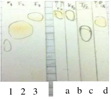 Gambar 5  Kromatogram (1) Fraksi 1.1 MR, (2) Fraksi 1.2 MR, dan (3) Fraksi 1.3  MR, dan fraksi 1.2 MR temu hitam dengan eluen (a) toluena, (b) kloroform-diklorometana (7:3), (c) toluena-diklorometana (5:5), (d) kloroform  