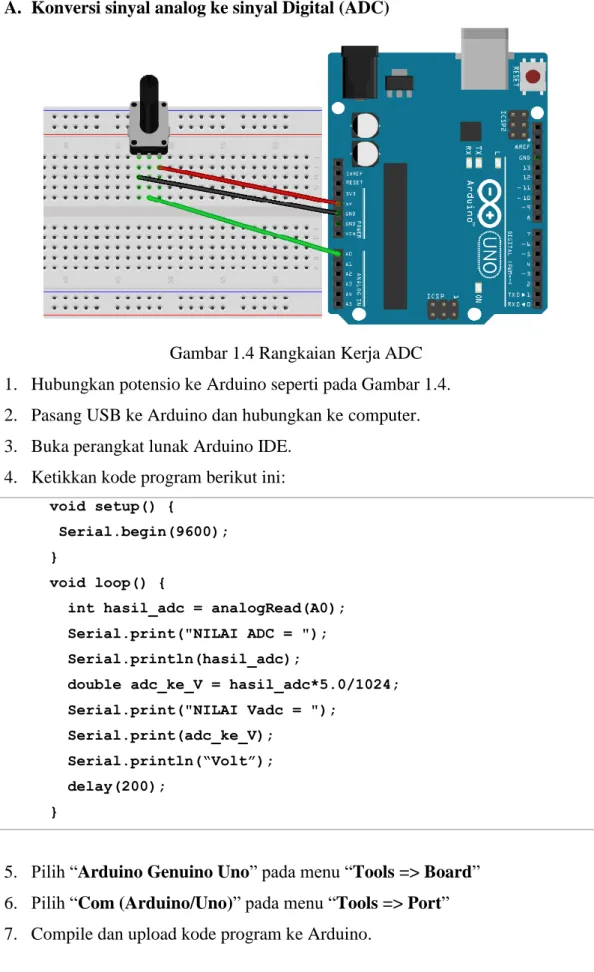 Gambar 1.4 Rangkaian Kerja ADC  1.  Hubungkan potensio ke Arduino seperti pada Gambar 1.4