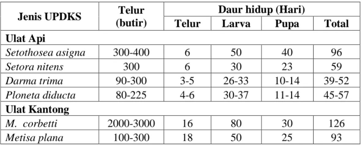 Tabel 2 : Biologi  beberapa ulat api dan ulat kantong  Jenis UPDKS  Telur          