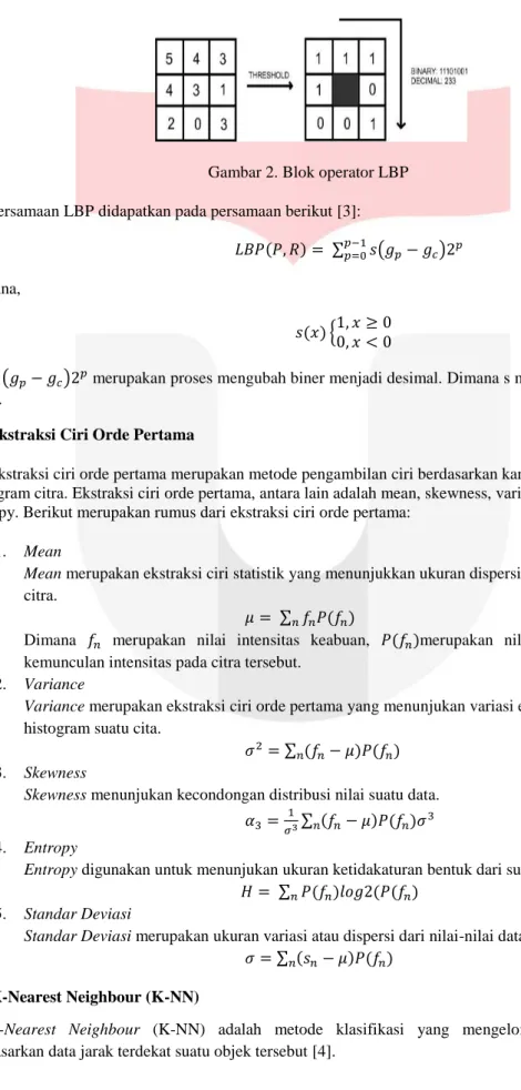 Gambar 2. Blok operator LBP  Persamaan LBP didapatkan pada persamaan berikut [3]:  