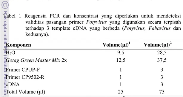 Tabel 1 Reagensia PCR dan konsentrasi yang diperlukan untuk mendeteksi  validitas pasangan primer Potyvirus  yang digunakan secara terpisah  terhadap 3 template cDNA yang berbeda (Potyvirus, Fabavirus dan  keduanya)
