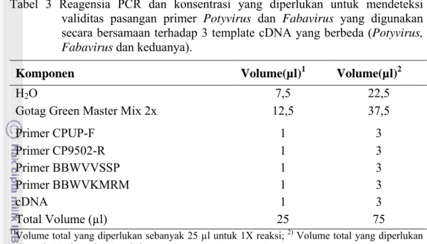 Tabel 3 Reagensia PCR dan konsentrasi yang diperlukan untuk mendeteksi  validitas pasangan primer Potyvirus dan Fabavirus yang digunakan  secara bersamaan terhadap 3 template cDNA yang berbeda (Potyvirus,  Fabavirus dan keduanya)