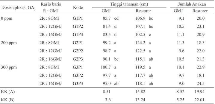 Tabel 3. Tinggi tanaman dan jumlah anakan GMJ dan restorer HIPA 14 Dosis aplikasi GA 3 Rasio baris 
