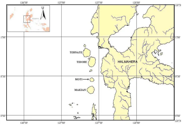 Gambar 1.  Peta lokasi penelitian di Desa Takofi, Pulau Moti – Maluku Utar a